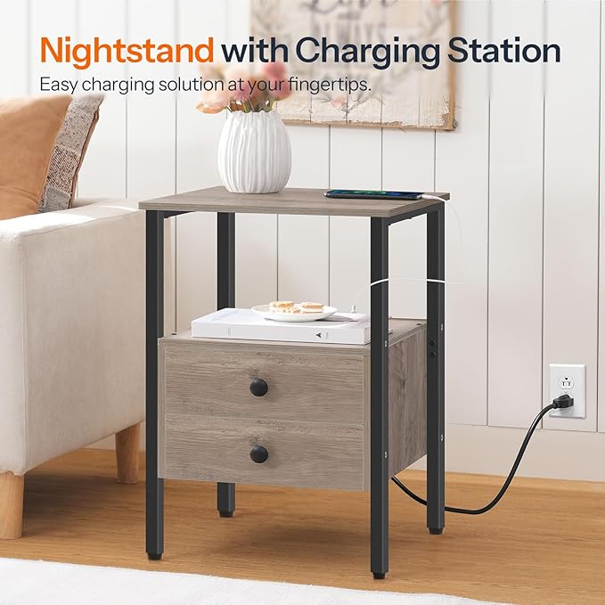 HOOBRO End Table with Charging Station, Nightstand with 2 Drawer & USB Ports & Power Outlets, Bedside Table for Small Spaces, Stable and Sturdy, for Living Room, Bedroom, Greige and Black BG43UBZ01
