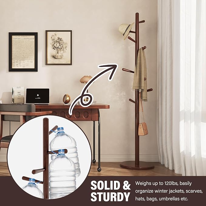 CozyDH Coat Rack Freestanding Solid Wood Coat Rack Stand, Coat Tree Freestanding with 8 Hooks Creative Tree Branch-look for Entryway, Hallway, Bedroom (Walnut)