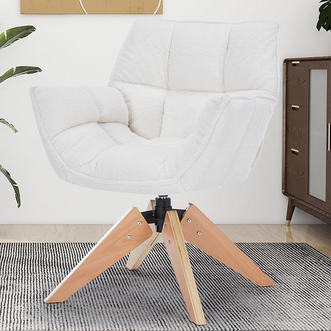Mid Century Accent Chair, Lambs Wool Vanity Chair Modern Cozy Desk Chair no Wheels with Amrest, Wood Legs for Living Room, Reading Room, Bedroom, White
