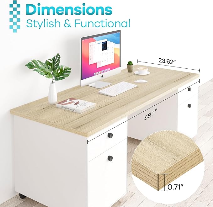 Kaboon Universal Tabletop 59.1"x23.62", Solid One-Piece Melamine Table Top, Double Desk L-Desk DIY, Home and Office Countertop, Oak/Grey Tone