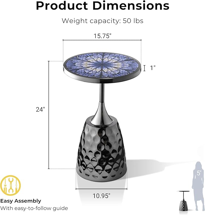 HOMES: Inside + Out Halric Modern 24" Tall Round End Table with Printed Tabletop and Iron Metal Base, Accent Furniture, Pedestal Stand for Living Room, Home Office, Black with Geometric Floral