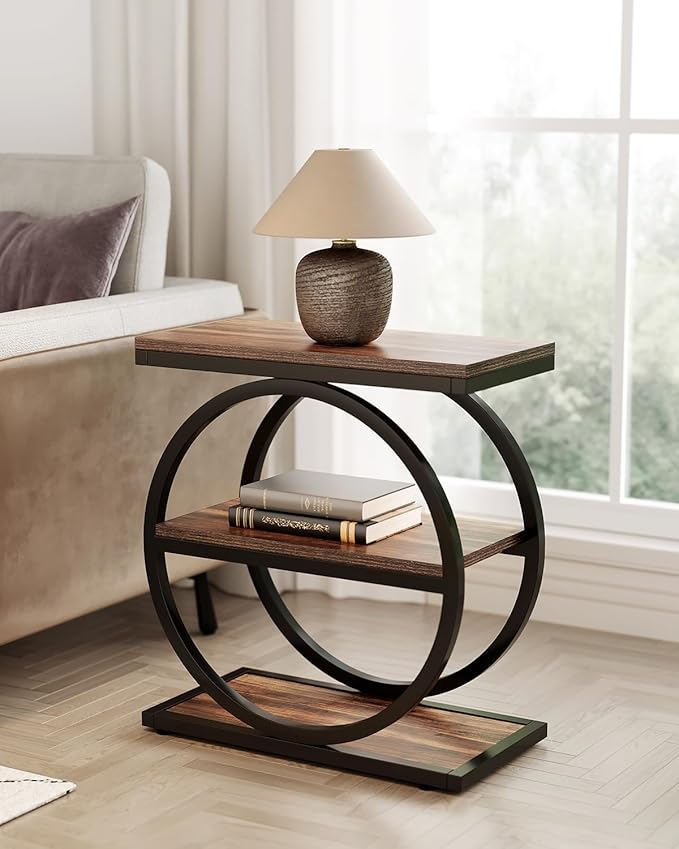 LITTLE TREE End Table Set 2, Side Table with 3 Tiers Shelves, Slim Sofa Side Table for Living Room, Tall Bedside Table Nightstand for Bedroom, Rustic Brown and Black