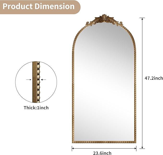 Antique Gold Vintage Wall Mirror 24"x48" - Elegant Baroque Metal Beaded Frame for Living Room, Bedroom, Bathroom, Fireplace, or Entryway, Full Length Decorative Mirror
