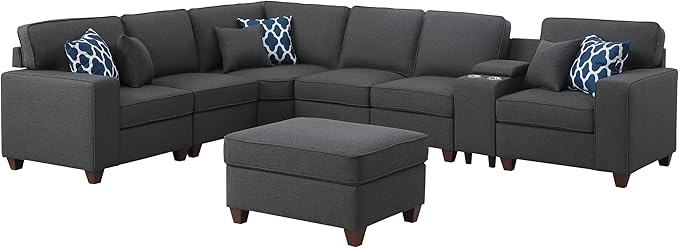 127" Modular Sectional Sofa with Movable Ottoman&Nailhead Trim Armrest,L-Shape Convertible Couch W/Cup Holder,USB Port&Hidden Storage Box,7 Seat Chenille Sectionals,6 Pillow,for Living Room,Gray