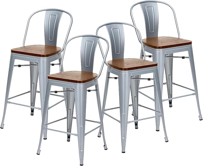 Changjie Furniture 26 Inches Metal Barstools Set of 4 Counter Height Bar Stools Industrial Stools with Backs High Back Chairs for Kitchen Island (26 Inch,Silver)