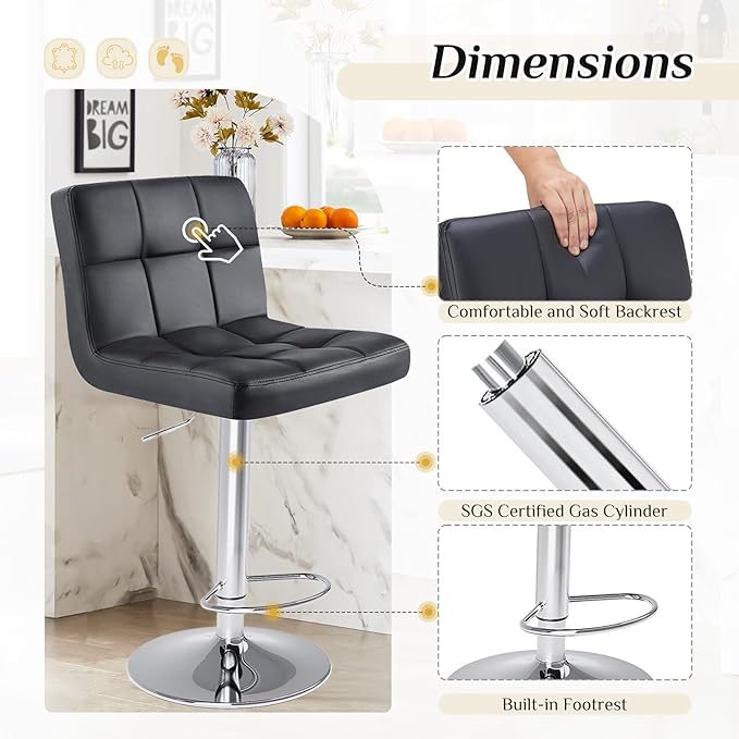 DUMOS Bar Stools Set of 2, Armless Adjustable Swivel Barstools, PU Leather Hydraulic Kitchen Counter Height Bar Stools, Thickened Seat Cushion Square Island Barstools with Back, Dark Black