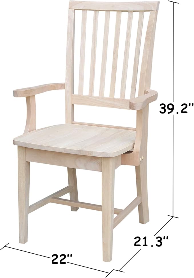IC International Concepts Mission Side Chair with Arms Solid Parawood, Box Seat Construction, Kitchen/Dining, 22"W x 21"D x 39"H, 225 Lbs Wt. Capacity, DIY, Paint/Stain In Any Color, Unfinished