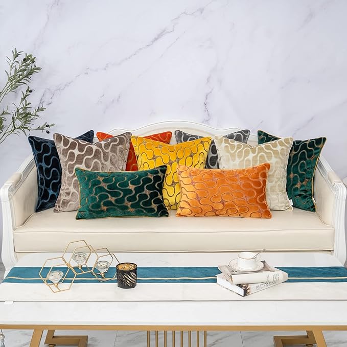 Yangest Orange Yellow Square Throw Pillow Cover Wavy Velvet Cushion Cover Modern Zippered Pillowcase for Sofa Couch Bedroom Living Room Chair, 18 x 18 Inch
