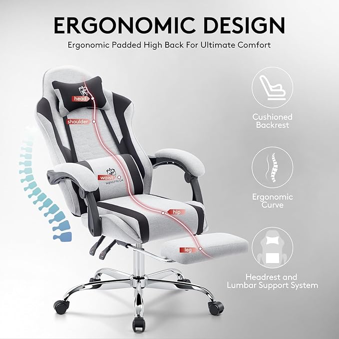 Gaming Chair Breathable Fabric,Computer Office Chair with Footrest,Massage Lumbar Support and Gel Pad,Ergonomic Reclining Adjustable Gamer Chair with Headrest and Spring Cushion Grey Black