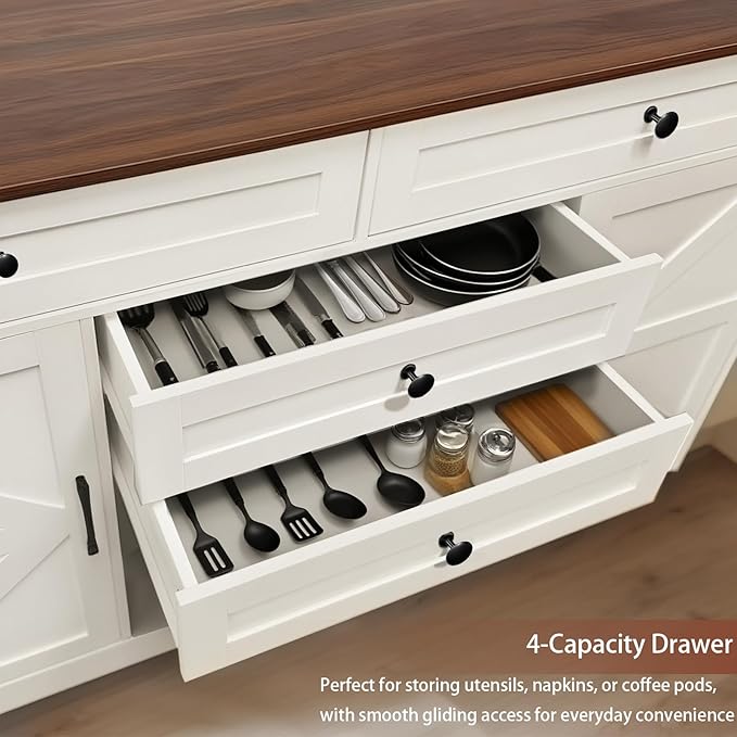 Modern Buffet Cabinet with 4 Drawers, 2 Doors & Adjustable Shelf, Large Sideboard Cabinet with Wine Rack, Kitchen Storage Cabinet for Kitchen, Living Room,Coffee Bar, White