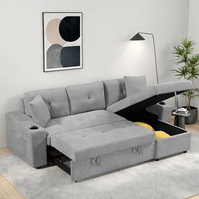 L Shape Pull Out Sofa Bed with Cup Holder, Convertible Sectional Couch with Reversible Chaise Storage, Modular 4 Seat Sofa with Side Pockets, for Living Room, Apartment, Office, Light Gray