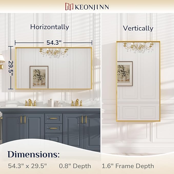 Keonjinn Gold Bathroom Vanity Mirror 55" x 30" Rectangle Large Wall Mirror Metal Framed Brushed Gold Rectangular Modern Farmhouse Mirrors for Over Sink(Horizontal/Vertical)
