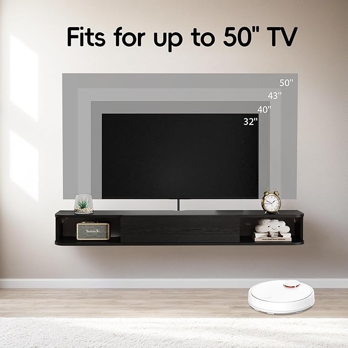 Pmnianhua Floating TV Stand with Drawer,47'' Wall-Mounted TV Cabinet,Floating TV Console,Under TV Entertainment Shelf with Storage for Bedroom Living Room(Black)