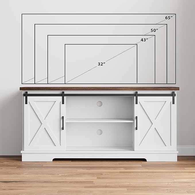 GarveeHome Farmhouse Tv Stand for 65 Inches TVs, Entertainment Center with Sliding Barn Doors and Adjustable Shelf, Modern Media TV Console TV Stand Table for Living Room, Bedroom, White