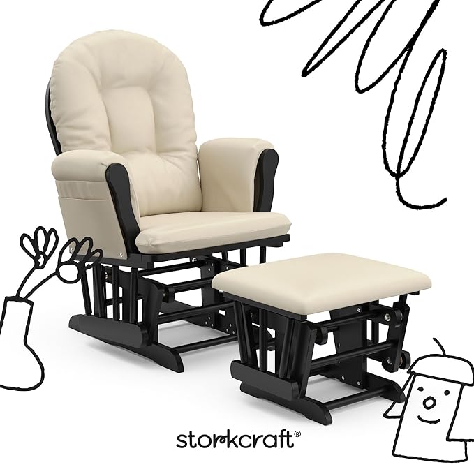 Storkcraft Premium Hoop Glider & Ottoman (Black with Beige) — GREENGUARD Gold Certified, Solid Wood Craftsmanship, Convenient Storage Pockets, Smooth-Gliding Chair for Nursery, Multi-Award-Winning
