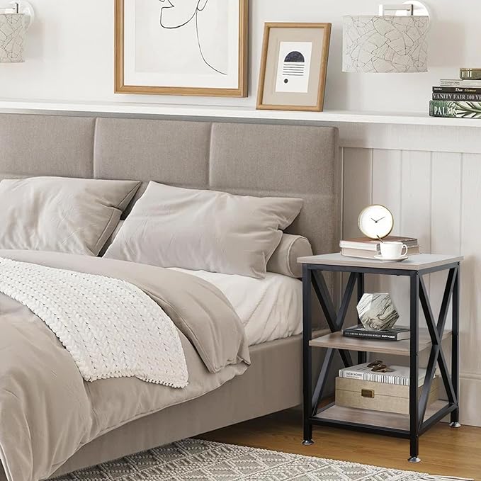 End Tables Living Room, 16" D x 16" W x 24" H, Indoor SideTables Living Room with Storage Shelf, Square End Table, X-Shaped Night Stands for Bedroom, Farmhouse Wood End Tables, Grey