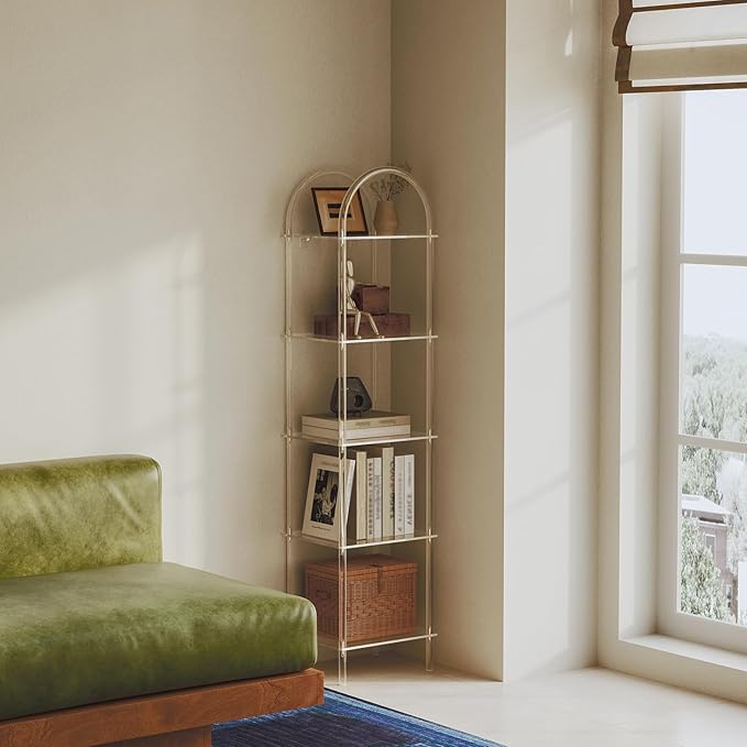 5-Tier Acrylic Arched Bookcase, Clear Narrow Bookshelf for Small Space, 13.8''W x 11.8''D x 57.1''H, Open Display Book Shelves for Home Office, Living Room, Bedroom, Modern