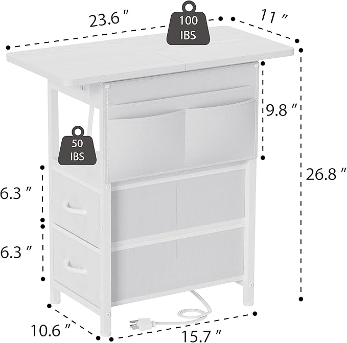 Small Side Table with Charging Station, Narrow Nightstand Bedside Tables with Storage Pocket for Living Room Bedroom, Sofa End Table with USB Ports and Power Outlets for Small Spaces