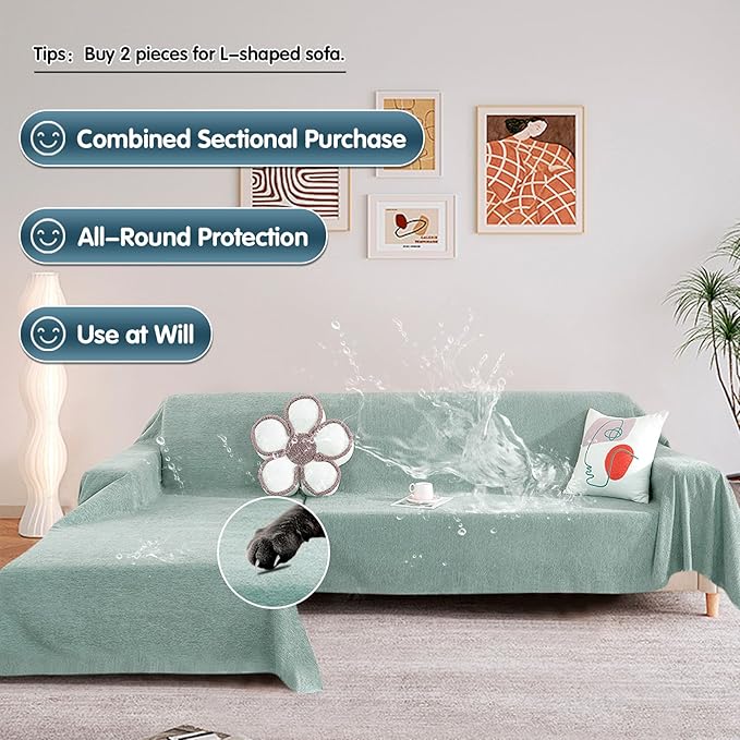 STACYPIK Light Green Waterproof Couch Cover, Anti-Scratch Resistant Sofa Cover for 3 Cushion Couch, Non-Slip Couch Covers for Sectional, Washable Furniture Protector for Kid Pet Dog Cat-71X134IN