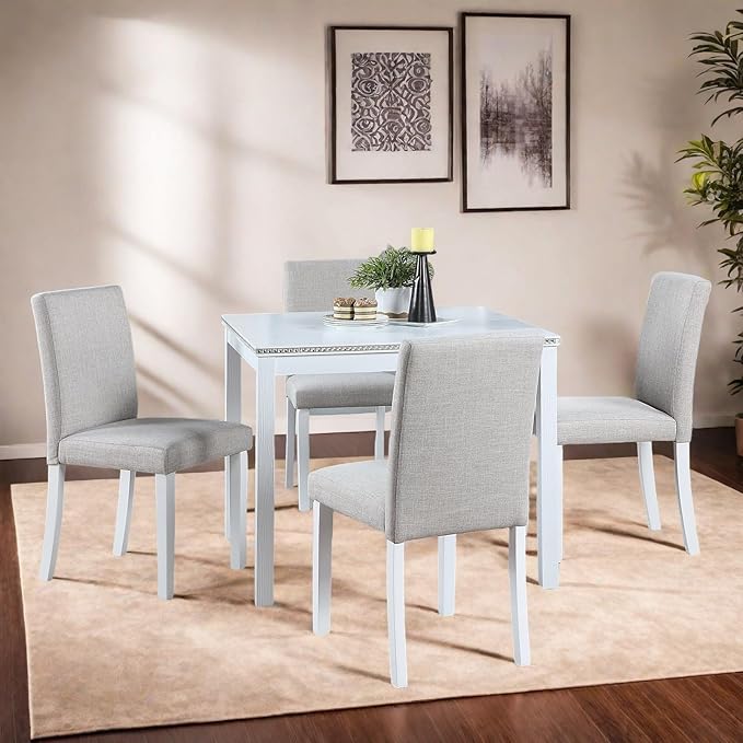 Dining Table Set for 4, 5-Piece Dining Room Table Set with Square Crystal Decoration Table & 4 Upholstered Backrest Chairs, Counter Height Kitchen Sets with Faux Wood Grain Design, White