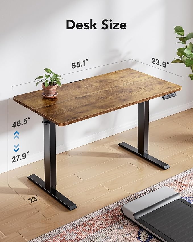 HUANUO 55" x 24" Electric Standing Desk Adjustable Height, 4 Memory Height Settings, Headphone Hook, Cable Manager, Sit Stand Up Desk for Home Office & Computer Workstation, Vintage Brown
