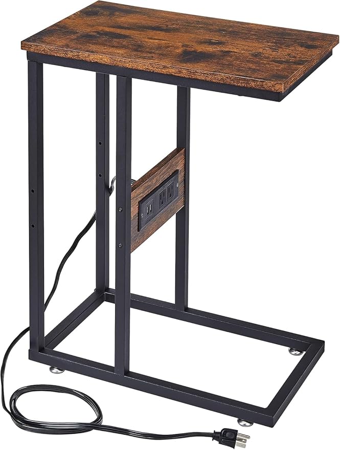 VECELO C Shaped End Side Table with Charging Station & Power Outlets for Couch Sofa/Bed Snack TV Tray with Metal Frame for Living Room Bedroom 1 Set, Brown