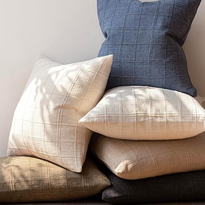 Foindtower Set of 2 Decorative Linen Check Throw Pillow Covers Neutral Farmhouse Vintage Cushion Covers Modern Boho Home Decor For Sofa Chair Couch Bedroom Living Room Outdoor,24×24 Inch,Natural Beige