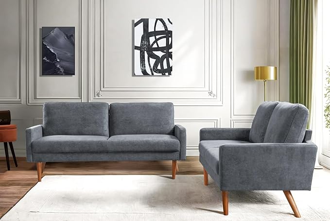 Kent 2 Piece Velvet Sofa and Loveseat Set, European Style with Modern & Vintage Flair, Upholstered 5 Seater Couch, Chic Living Room Furniture Seating for Home, Apartment or Office, Grey
