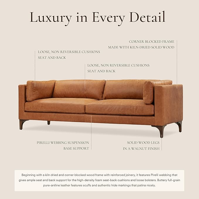 Poly & Bark Argan Leather Couch - 93 Inch Sofa - Full-Grain Leather Sofa for Living Room with Feather Down Topper - Living Room Couch - Pure Aniline Vintage Italian Leather in Cognac Tan