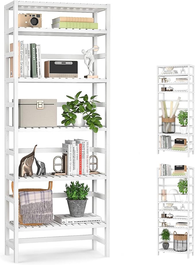 Homykic 6-Tier Bamboo Bookshelves and Bookcases, Adjustable 63.4”Tall Shallow Book Shelf Organizer Rack, Freestanding Storage Shelving Unit for Living Room, Kitchen, Bathroom, Office, White
