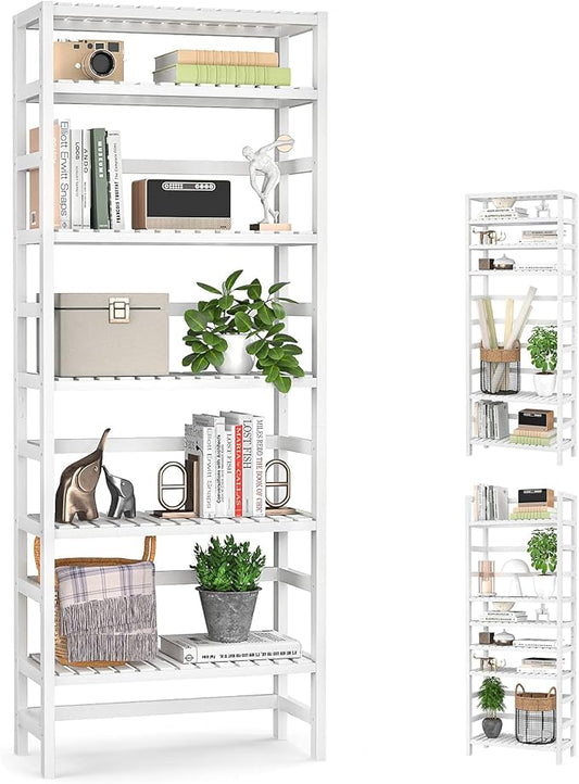 Homykic 6-Tier Bamboo Bookshelves and Bookcases, Adjustable 63.4”Tall Shallow Book Shelf Organizer Rack, Freestanding Storage Shelving Unit for Living Room, Kitchen, Bathroom, Office, White