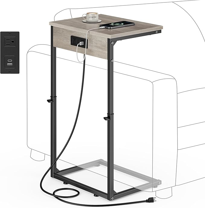 Vagusicc C Shaped End Table with Charging Station, Adjustable Height Side Table for Couch,Small Side Table Small Spaces,33.2'' Tall Couch Tables that Slide Under, Tv Tray Table for Living Room, Greige
