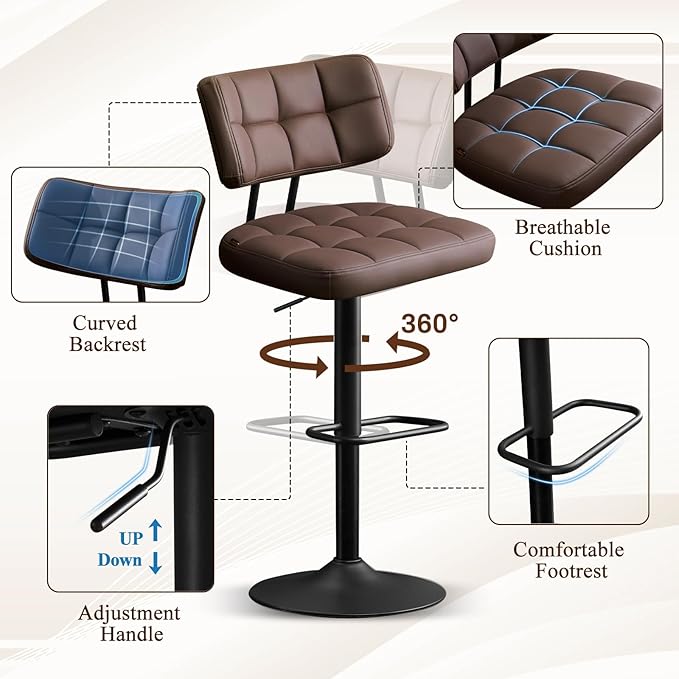 Furniliving Modern Bar Stools Set of 2 Faux Leather, Upholstered Swivel Barstools with Back, Adjustable Bar Chairs Counter Height for Kitchen Island, Dining Space, Brown
