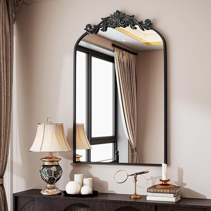 Vintage Arched Bathroom Mirror, 24x36 Inch Retro Wall Mounted Vanity Mirror with Carved Pattern Top and Metal Frame, Black Decorative Mirror for Hanging or Leaning