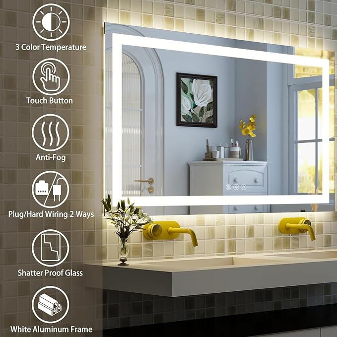 48'' x 32'' LED Bathroom Mirror with Lights, Wall Mirror with Front and Backlight, 3 Colors Vanity Mirror with Lights, Anti-Fog Wall Mirror for Bathroom