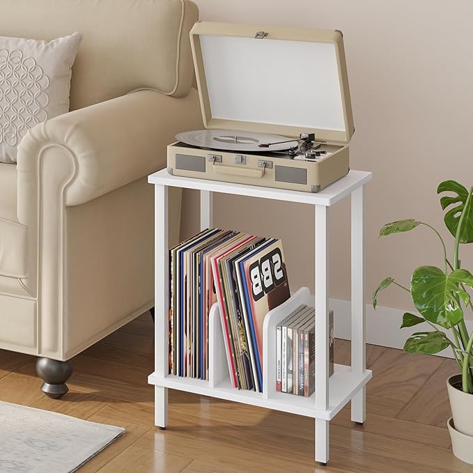 HOOBRO Record Player Stand, 2-Tier End Table, Vinyl Record Turntable Stand with Storage up to 100 Albums, Small Side Table for Living Room, Bedroom, White, WT05RS01