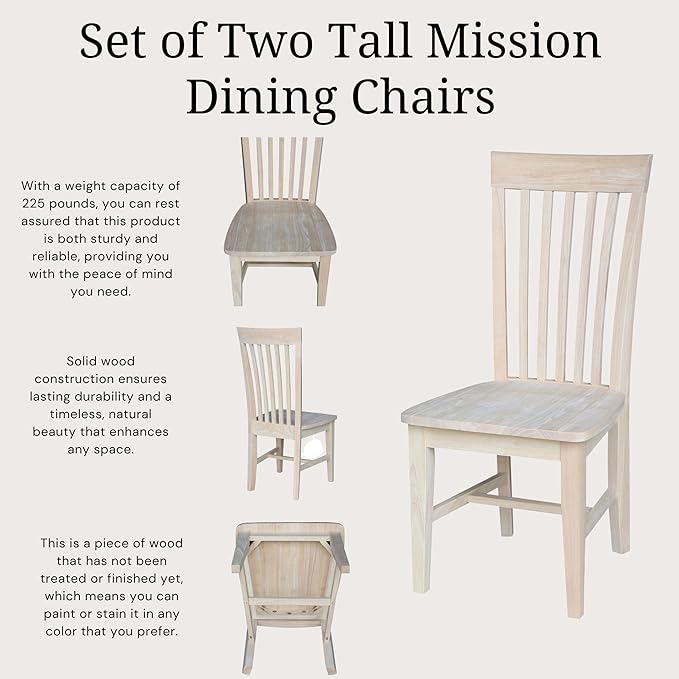 IC International Concepts Set of 2 Tall Mission Chairs Real/Solid Parawood, Kitchen/Dining/Accent, 18.1"W x 22.05"D x 40.16"H, 225 Lbs Wt. Capacity, DIY, Stain/Paint in Any Color, Unfinished