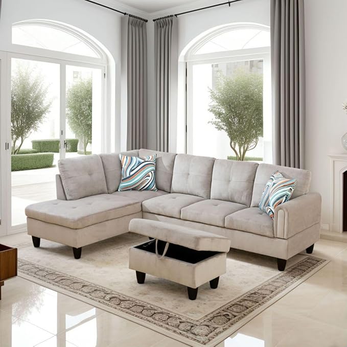 Grey White L-Shaped 3-Piece Corduroy Sofa with Storage Ottoman Set, Sectional Couch Sofa Set for Living Room, Office, Small Space