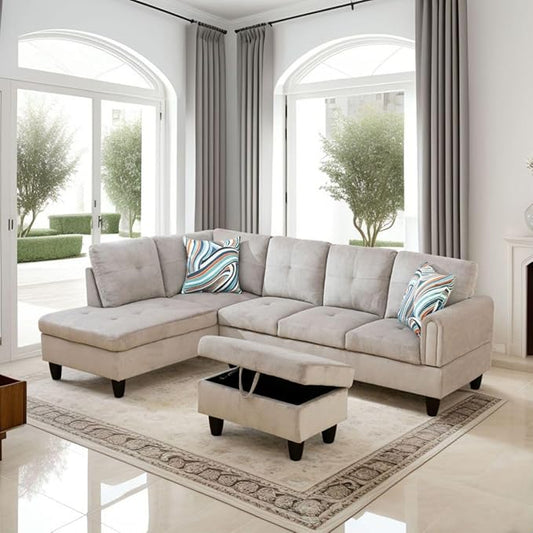 Grey White L-Shaped 3-Piece Corduroy Sofa with Storage Ottoman Set, Sectional Couch Sofa Set for Living Room, Office, Small Space