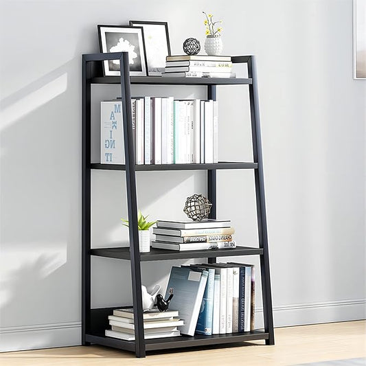 IOTXY 4 Tier Open Bookshelf - Steel and Wood Display Stand, 50CM Width Floor-Standing Bookcase, Black