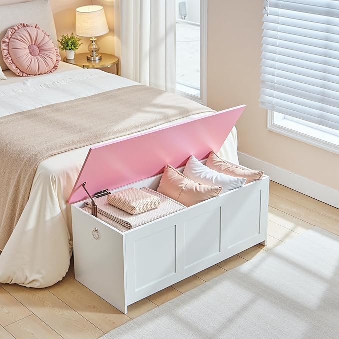 HOOBRO Storage Bench, 39.3" Retro Wooden Storage Chest, Wooden Storage Trunk, Toy Chest with Lift Top, Multifunctional Entryway Organizer, for Entryway, Living Room, White and Pink WK141CW01