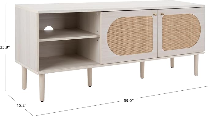 SAFAVIEH Claude TV Stand for up to 65" Flatscreen – Bleached White & Natural Rattan, 2 Sliding Doors with Interior Storage, 2 Open Shelves, Entertainment Media Console (MED9610C)