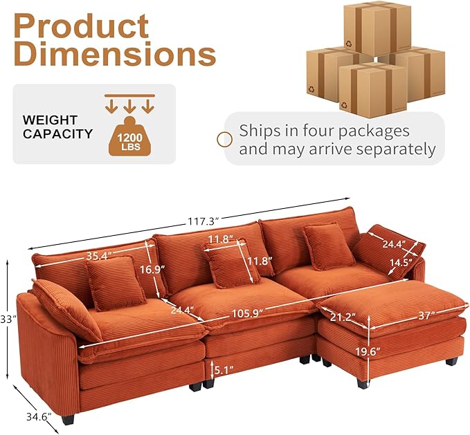 Furniliving 117‘’ L-Shaped Sofa, Luxury Corduroy Modular Sectional Couches with Ottoman, Upholstered Deep Seat Sleeper Sofa with Memory Foam and Waist Pillows, Orange