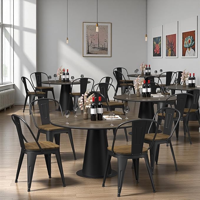 18 Inch Dining Chairs Set of 4, Farmhouse Metal Chairs with High Back and Wooden Seat, Stackable Industrial Bar stools for Dining Room(Black)