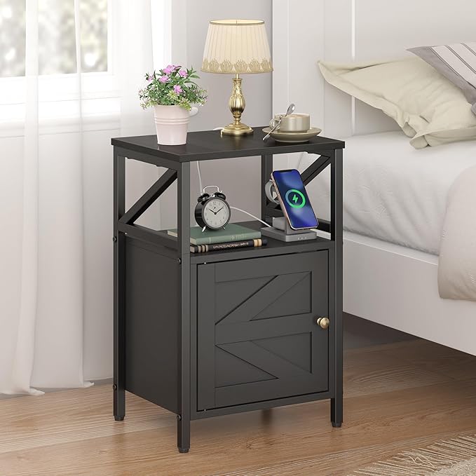 Farmhouse Side Table with Charging Station -3-Tier USB Ports & Outlets End Table, Compact Bedside Storage Table for Small Spaces, Multi-Functional Accent Table for Living Room, Couch Entryway Black