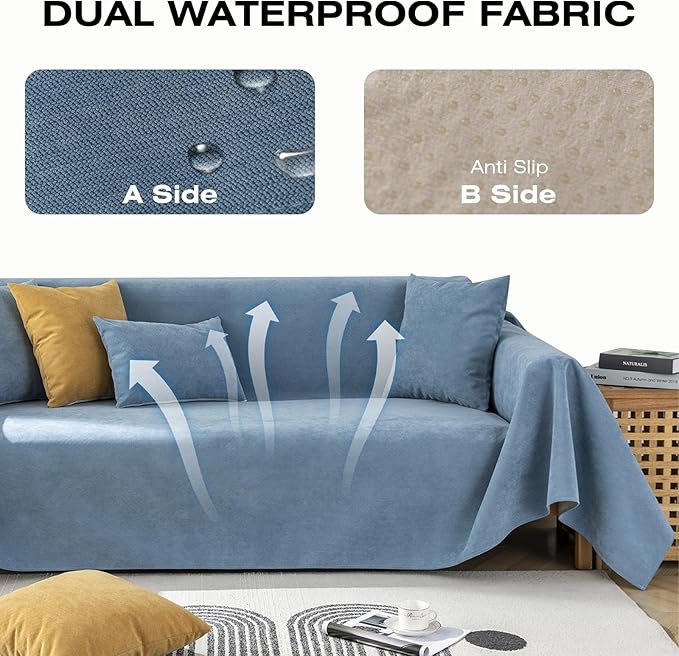 STACYPIK Blue Waterproof Sofa Cover, Anti-Slip Couch Covers for Pets, Anti-Scratch Furniture Protector for 2 Cushion Couch, Washable Leakproof Loveseat Cover for Sectional, Sofa Slipcover-71 x118IN