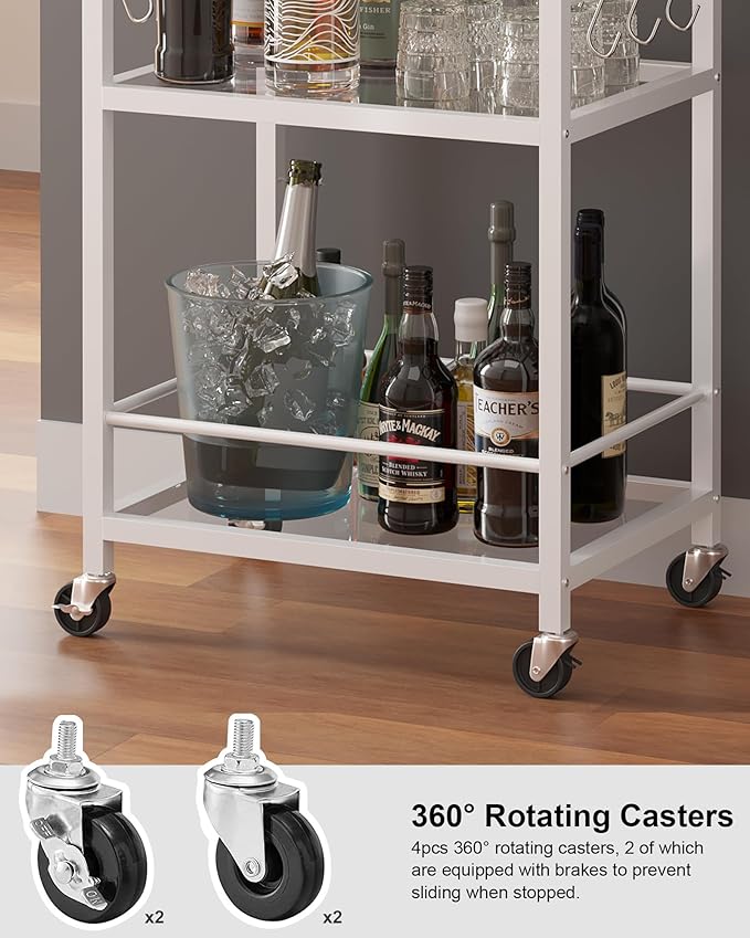 TUTOTAK Bar Cart, Home Bar Serving Cart, Drink Cart with 3-Tier Mirrored Shelf, Mobile Kitchen Shelf with Wine Rack, BC01BW033
