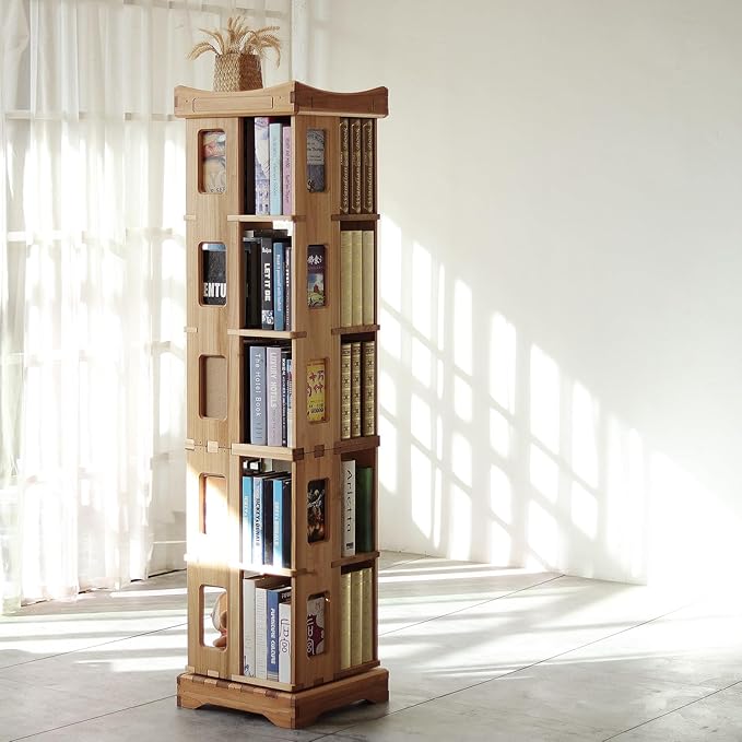 Wooden Rotating Bookshelf, Larger Solid Wood Revolving Bookcase,360°Spinning Book Shelf Tower,Floor Standing Storage Rack,Corner Organizer for Small Space,Study,Office,17"x17"x69.75"(5-Tier)