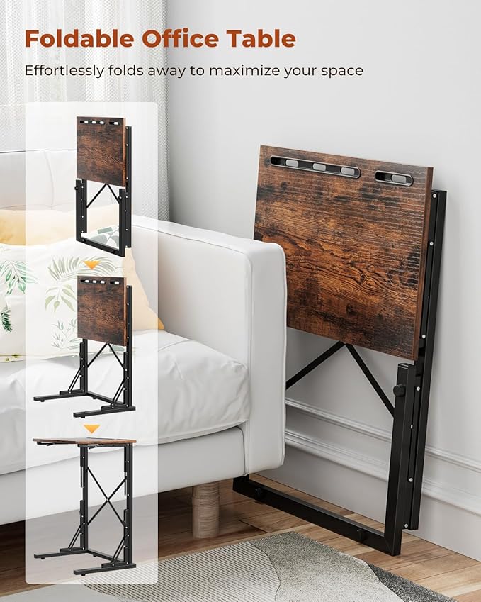 21''Wx28''H Folding TV Tray Set of 2, Small Foldable C-Shaped Tray Table for Eating with Tablet and Phone Slots, Slide Under Couch Side Table for Recliner, Living Room, Bedroom, Rustic Brown