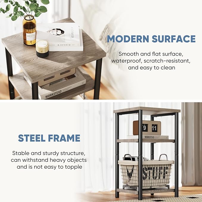 DUMOS End Table Small Side Sofa Tables 3 Tier Tall Nightstand Storage Shelf with Adjustable Feet for Living Room Bedroom Office, Grey